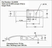 <!-CA-4205X Over-Center Draw Latches Curved Hook Line Drawing->