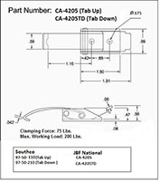 <!-CA-4205TD Over-Center Draw Latches Curved Hook Line Drawing->